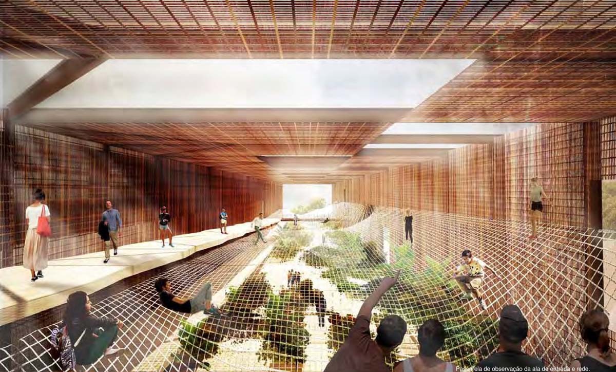 Render del foyer interno dell auditorium di Astana con rivestimenti in legno