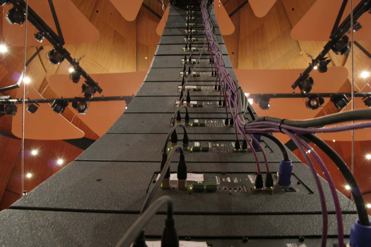 Dettaglio cablaggio e line array audio sospeso nel soffitto dell auditorium di Astana
