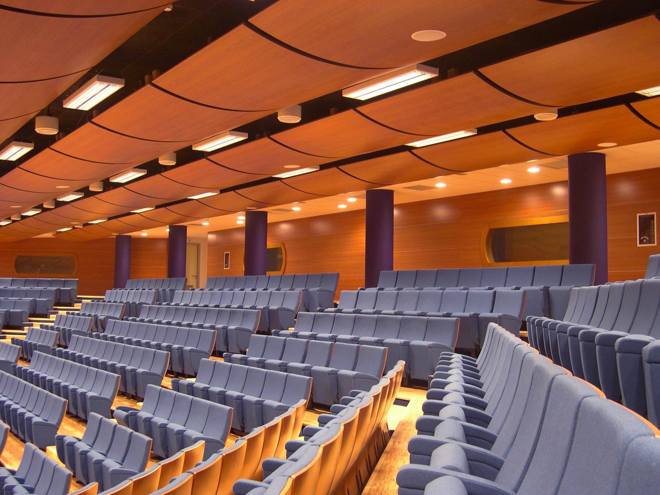 Dettaglio poltrone blu e controsoffitto con pannelli acustici ondulati in legno nell auditorium di Mestre