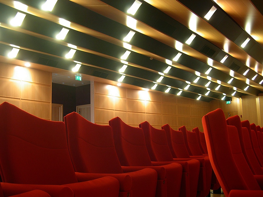 Sala conferenze Camera di Commercio di Lecco con poltrone rosse e pannelli acustici in legno a parete