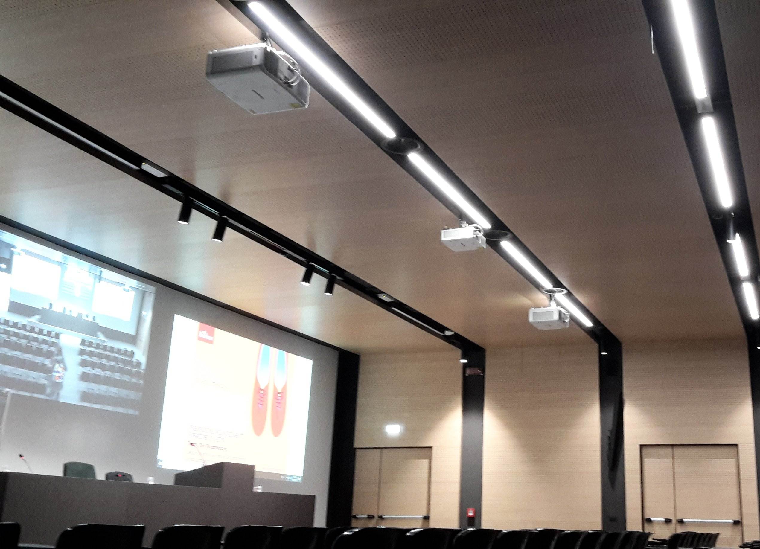 Sala conferenze del Centro Studi Erickson con proiettori a soffitto e pannelli acustici in legno