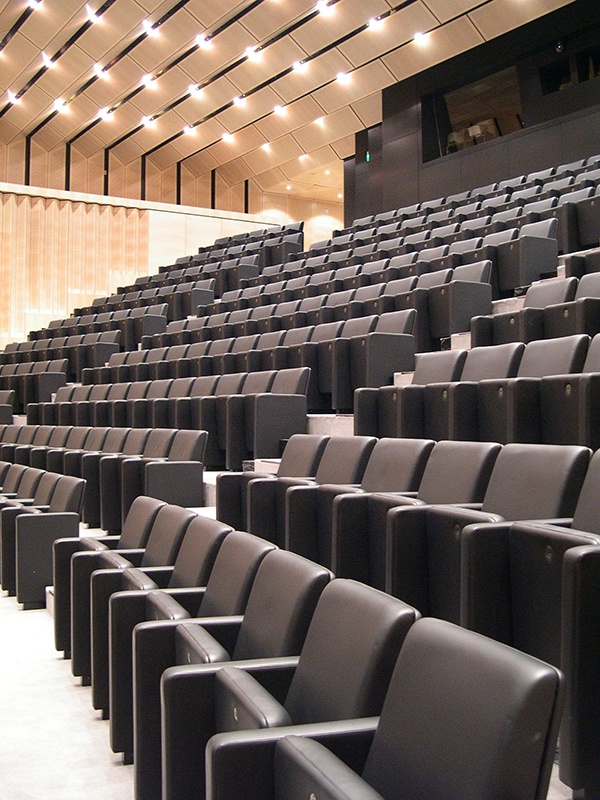 Platea dell'auditorium del MART di Rovereto con poltrone grigie e soffitto acustico