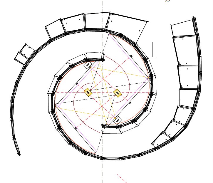 Planimetria tecnica dello spazio immersivo a spirale del MUSE di Trento con posizioni proiettori