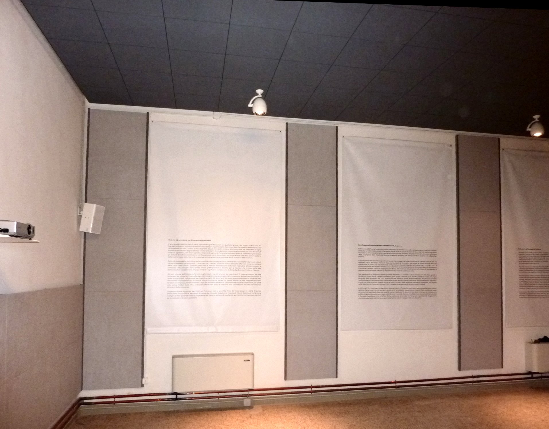 Pannelli espositivi e diffusore audio a parete nella sala del Museo Guareschi