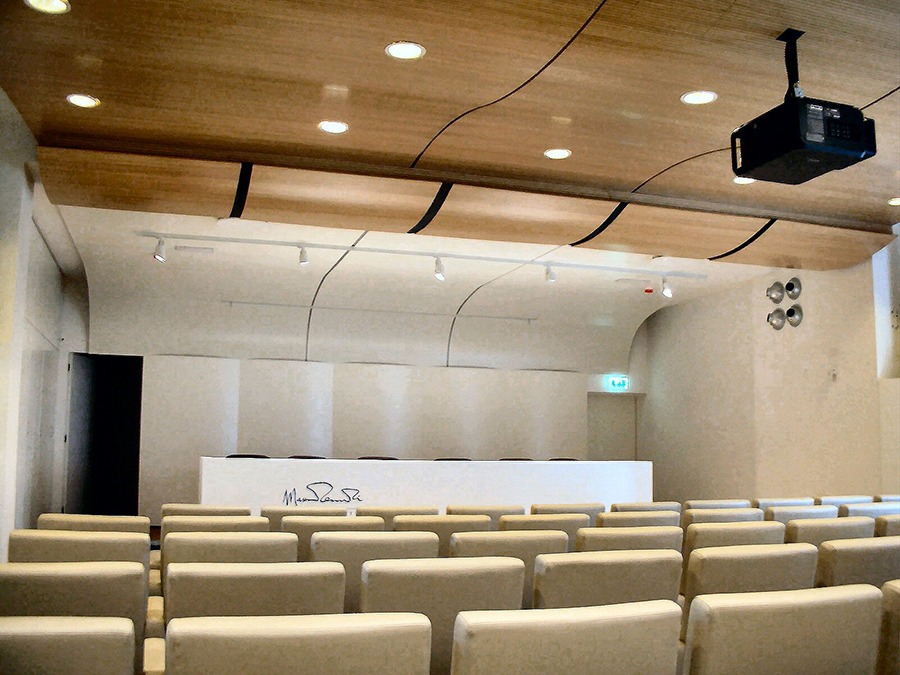 Sala conferenze Segafredo con poltrone, videoproiettore e pannellatura acustica in legno curvo