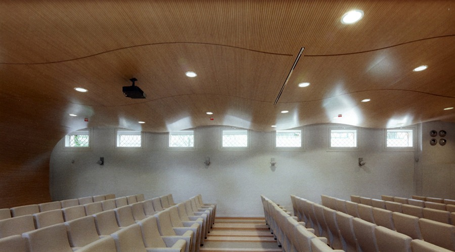Auditorium Segafredo con controsoffitto curvo in legno, poltrone e finestrelle laterali